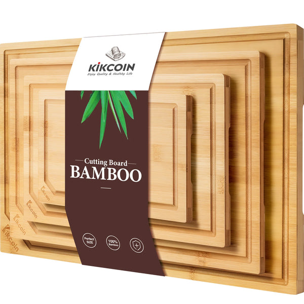 4-piece extra large kitchen bamboo cutting board set, heavy duty cutting board with juice groove, inner handle design.