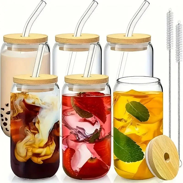 Glass Cups with Bamboo Lid & Glass Straw