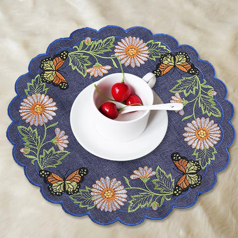 Cotton Denim Table Mat w/Butterflies & Flowers