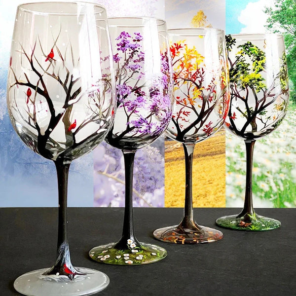 4 Seasons Wine Glass - Hand Painted