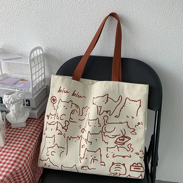 Canvas Cat Tote Bag for Women