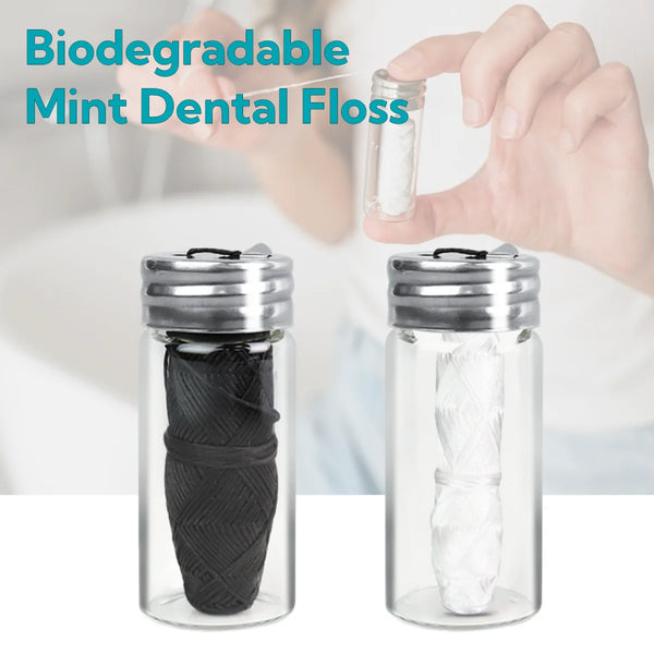 2 Rolls Vegan Biodegradable Bamboo Charcoal Dental Floss With Refillable Glass Holder Mint Flavored Tiny Floss (30m/Roll)