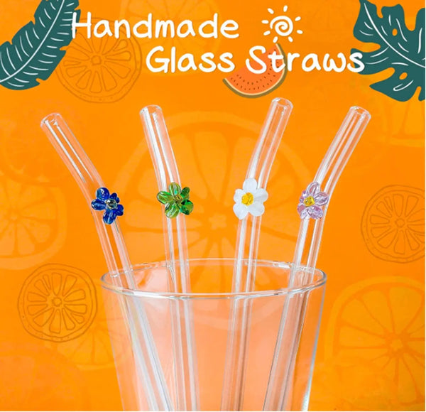 Glass Straws – 4pc Set w/ Flowers